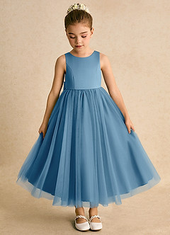 Azazie Solia Flower Girl Dresses Steel Blue Ball-Gown Bow Tulle Dress image6