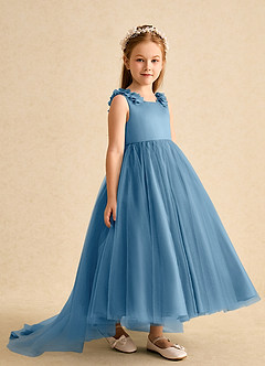 Azazie Lorita Robe Demoiselle D'honneur Fillette Robe Trapèze en Tulle Perlé Acier Bleuté image4