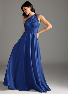 Azazie Charlize Vestidos de damas de honor Vestido de Azul Real de Satén Elástico de Corte en A con Hombro unilateral image5
