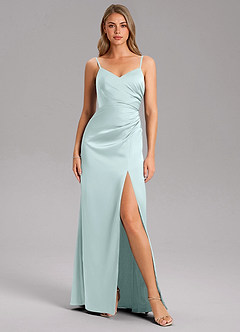 Azazie Azuree Bridesmaid Dresses Sea Glass A-Line Pleated Stretch Satin Dress image6