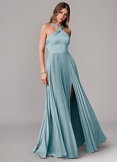 Azazie Afra Brautjungfernkleider A-Linie Plissee Stretch-Satin Kleid Stimmungsvolles Blau image1