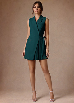 front Alina Pine Refined Weave Pleated Wrap Blazer Dress