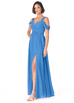 Azazie Lianne Robes de demoiselle d'honneur Robe Trapèze en Mousseline de soie Épaule décolletée Geai Bleu image3