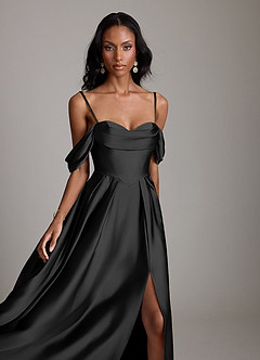 Azazie Loisa Abiti da Damigella Abito A-Line in Raso Elasticizzato a Spalla Scoperta Nero image3