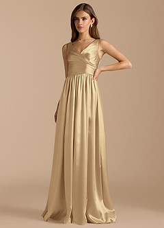 Azazie Keyla Bridesmaid Dresses Champagne A-Line Pleated Metallic Satin Dress image5