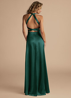 Azazie Clarice Bridesmaid Dresses Pine A-Line High Neck Metallic Satin Dress image2