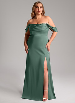 Azazie Saige Bridesmaid Dresses Eucalyptus Sheath Off the Shoulder Stretch Satin Dress image11