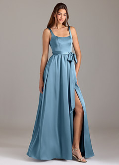 Azazie Elliott Bridesmaid Dresses Steel Blue A-Line with Pockets Stretch Satin Dress image1