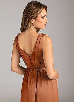 Azazie Tanicia Bridesmaid Dresses Copper A-Line Pleated Stretch Satin Dress image7