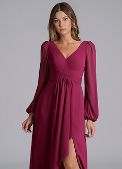 Azazie Liah Abiti da Damigella Abito A-Line in Chiffon Maniche Lunghe Borgogna image6