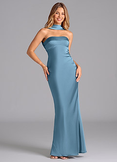 Azazie Lusinda Jurken voor bruidsmeisjes Jurk van Stretch Satijn met Zeemeermin Strapless Staal Blauw image3