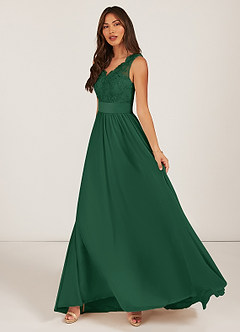 Azazie Gertrude Abiti da Damigella Abito A-Line in Chiffon Pizzo Verde Scuro image3