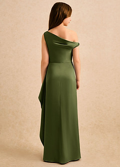 Azazie Avalia Girls Formal Robe Demoiselle D'honneur Fillette Robe Fourreau en Satin extensible Épaule décolletée Olive image2