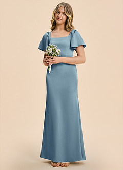 Azazie Chace Junior Dusty Blue Sheath Stretch Satin Dress image3