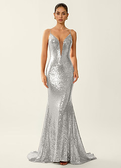 Astraea Silver Sparkly V-neck Open Back Mermaid Prom Dress image3