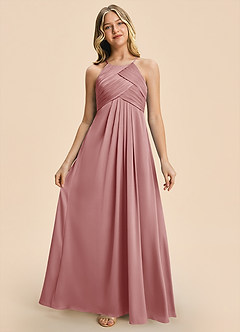 Azazie Ginny Junior Vestido Rosa Polvorienta de Satén Elástico de Corte en A con Plisado image6