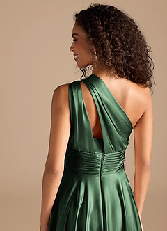 Azazie Charlize Bridesmaid Dresses Eucalyptus A-Line One Shoulder Metallic Satin Dress image3