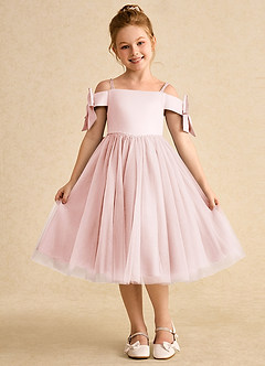 Azazie Amie Flower Girl Dresses Blushing Pink A-Line Off the Shoulder Matte Satin Dress image3