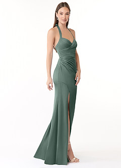 Azazie Emeria Bridesmaid Dresses Sea Moss Mermaid Pleated Stretch Satin Dress image4
