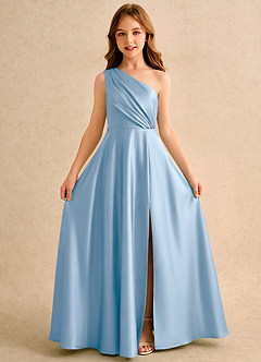 Azazie Puddles Girls Formal Robe Demoiselle D'honneur Fillette Robe Trapèze en Satin extensible Une épaule Poudre Bleue image5