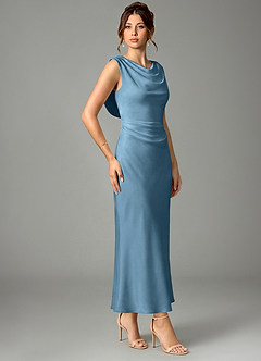 Azazie Kieryn Bridesmaid Dresses Steel Blue Mermaid Pleated Stretch Satin Dress image3