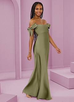 Barbie ♥ Azazie Abiti da Damigella Abito Convertibile Tubino in Raso Elasticizzato a Spalla Scoperta Pistacchio image1