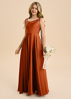 Azazie Popsy Junior Vestido de Naranja Quemada de Satén Elástico de Corte en A con Lazo image7