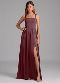 Azazie Rosaline Bridesmaid Dresses Sangria A-Line Side Slit Stretch Satin Dress image1
