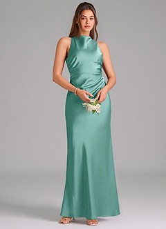 Azazie Evadne Bridesmaid Dresses Aqua A-Line Pleated Stretch Satin Dress image6