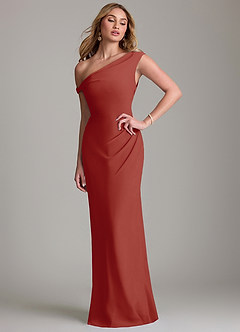 Azazie Emerson Bridesmaid Dresses Terracotta Sheath Off the Shoulder Chiffon Dress image1