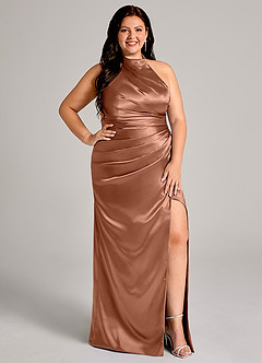 Azazie Jemma At-home Try On Dresses Dusty Blue Sheath Pleated Metallic Satin Dress image11