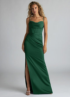 Azazie Mai Vestidos de damas de honor Vestido de Verde Oscuro de Satén Elástico de Corte Recto con Plisado image1