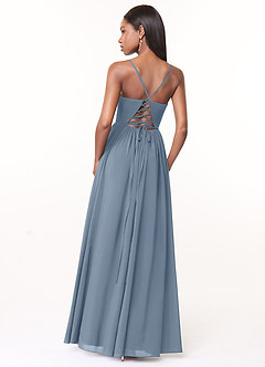 Azazie Marilyssa Vestidos de madrinha de casamento Vestido Azul Empoeirado de Chiffon elástico de Linha A com Espartilho image2