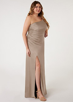 Azazie Eren Bridesmaid Dresses Taupe Mermaid One Shoulder Stretch Satin Dress image8