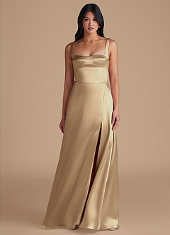Azazie Hope Bridesmaid Dresses Champagne A-Line with Pockets Metallic Satin Dress image2