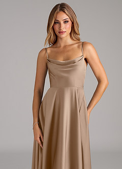 Azazie Elle Bridesmaid Dresses Taupe A-Line Pleated Stretch Satin Dress image2