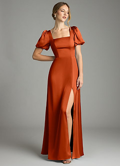 Azazie Fyona Robes de demoiselle d'honneur Robe Trapèze en Satin extensible Plissée Paprika image3