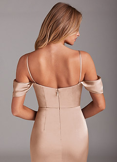 Azazie Saige Bridesmaid Dresses Blushing Pink Sheath Off the Shoulder Stretch Satin Dress image8