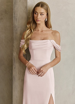 Azazie Saige Bridesmaid Dresses Blushing Pink Sheath Off the Shoulder Stretch Satin Dress image2
