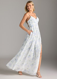 Azazie Alia Bridesmaid Dresses Blue Vintage Floral A-Line Pleated Chiffon Dress image4