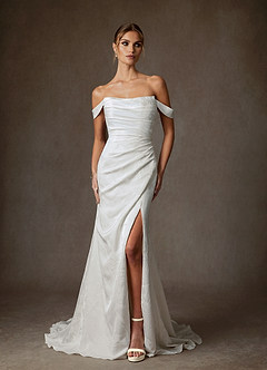 Azazie Tilly Wedding Dresses Diamond White Sheath Off the Shoulder Floral Jacquard Dress image1