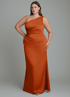 Azazie Akilah Vestidos de damas de honor Vestido Naranja Quemada de Satén Elástico de Corte Sirena con Un hombro image8