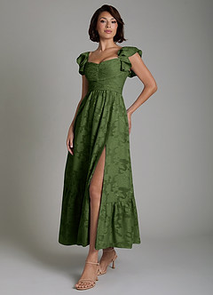 Azazie Anaya Bridesmaid Dresses Olive A-Line Ruched Floral Burnout Dress image5