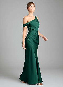 Azazie Madelyn Bridesmaid Dresses Emerald Mermaid One Shoulder Stretch Satin Convertible Dress image5