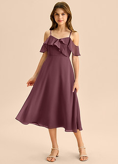 Azazie Kamilla Junior Abito A-Line in Chiffon a Spalla Scoperta Sangria image1