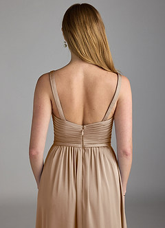 Azazie Chanel Final Sale Taupe A-Line Pleated Stretch Satin Dress image4