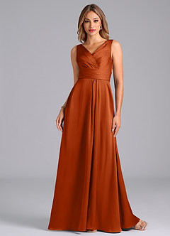Azazie Karina Vestidos de madrinha de casamento Vestido Laranja Queimada de Cetim elástico de Linha A com Plissado image4