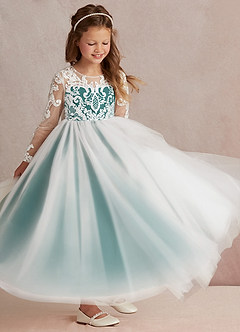 Azazie Elodie Blumenmädchenkleider Ballkleid Spitze Kleid Elfenbein Pfau image2