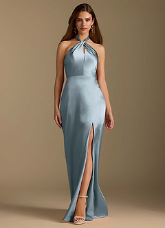 Azazie Tracie Abiti da Damigella Abito A-Line in Raso Metallizzato Plissettato Blu Polveroso image6