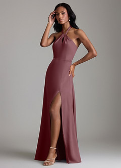 Azazie Tracie Bridesmaid Dresses Sangria A-Line Side Slit Stretch Satin Dress image4